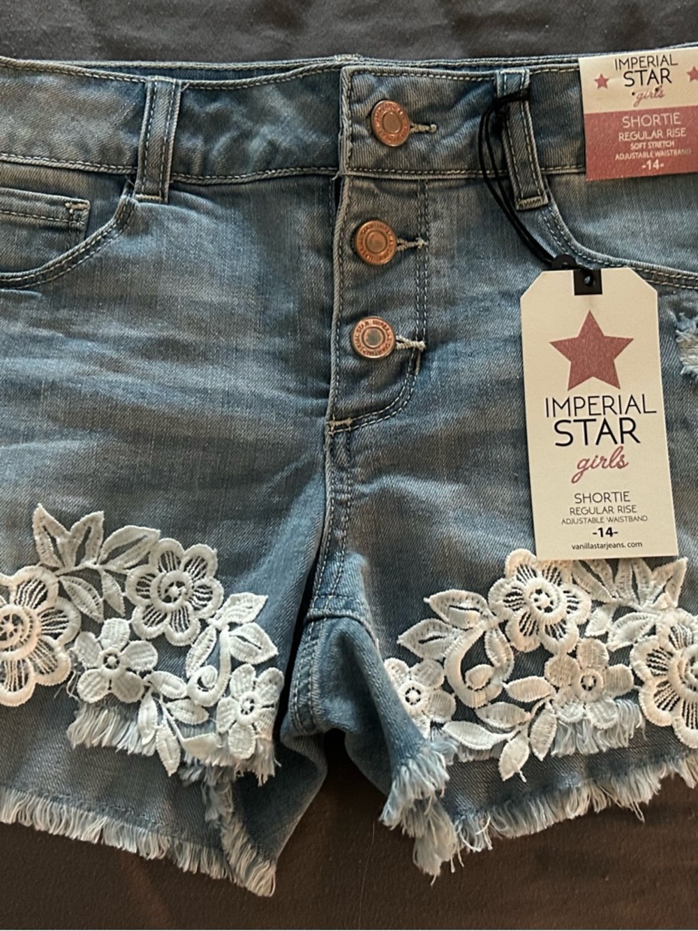 Imperial Star Blue Denim Shorts with White Lace Applique